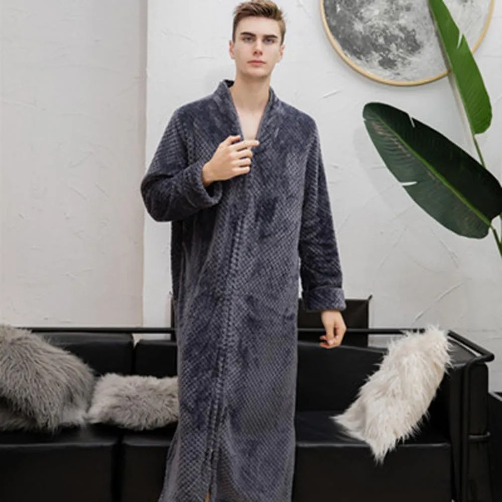 2019 Men's Nightgown sleepwear Long-sleeved Long Autumn Winter Warm Solid Color Home Service Pajamas