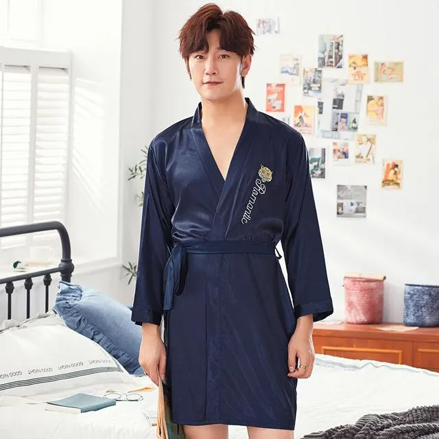 2019 summer men's silk bathrobe robe long solid silk pajamas men silk nightgown sleepwear kimono homme dress