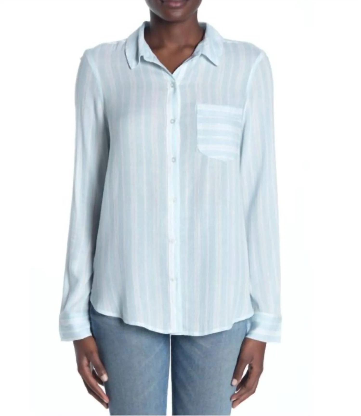 Abound - Striped Tie Front Long Sleeve Weekend Button Down Blouse