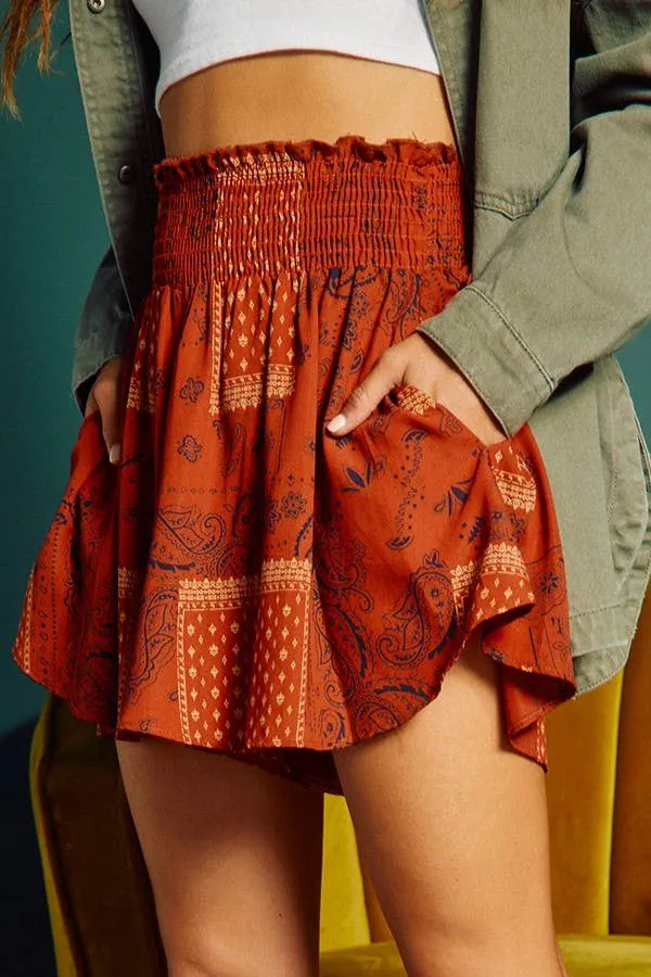 Bandana Print Smocked Waistband Flare Shorts