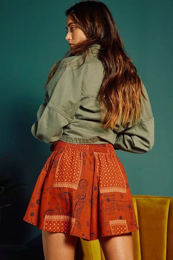 Bandana Print Smocked Waistband Flare Shorts