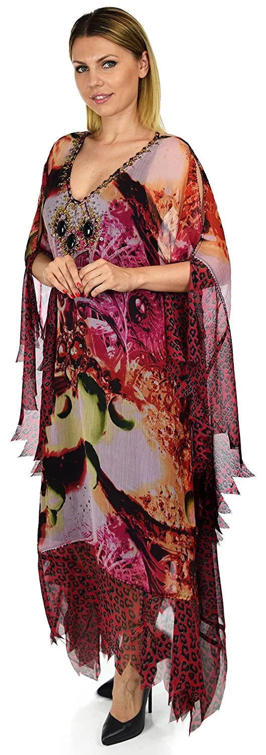 Beaded Stonework Caftan Poncho Tunic Top | Cover Up | Reg & Plus Sizes