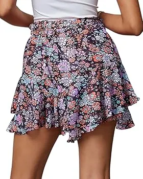 DWSDRHF - Siliteelon Flowy Boho Floral Skorts Ruffle Mini Chiffon Shorts for Women - Casual, Running, Tennis