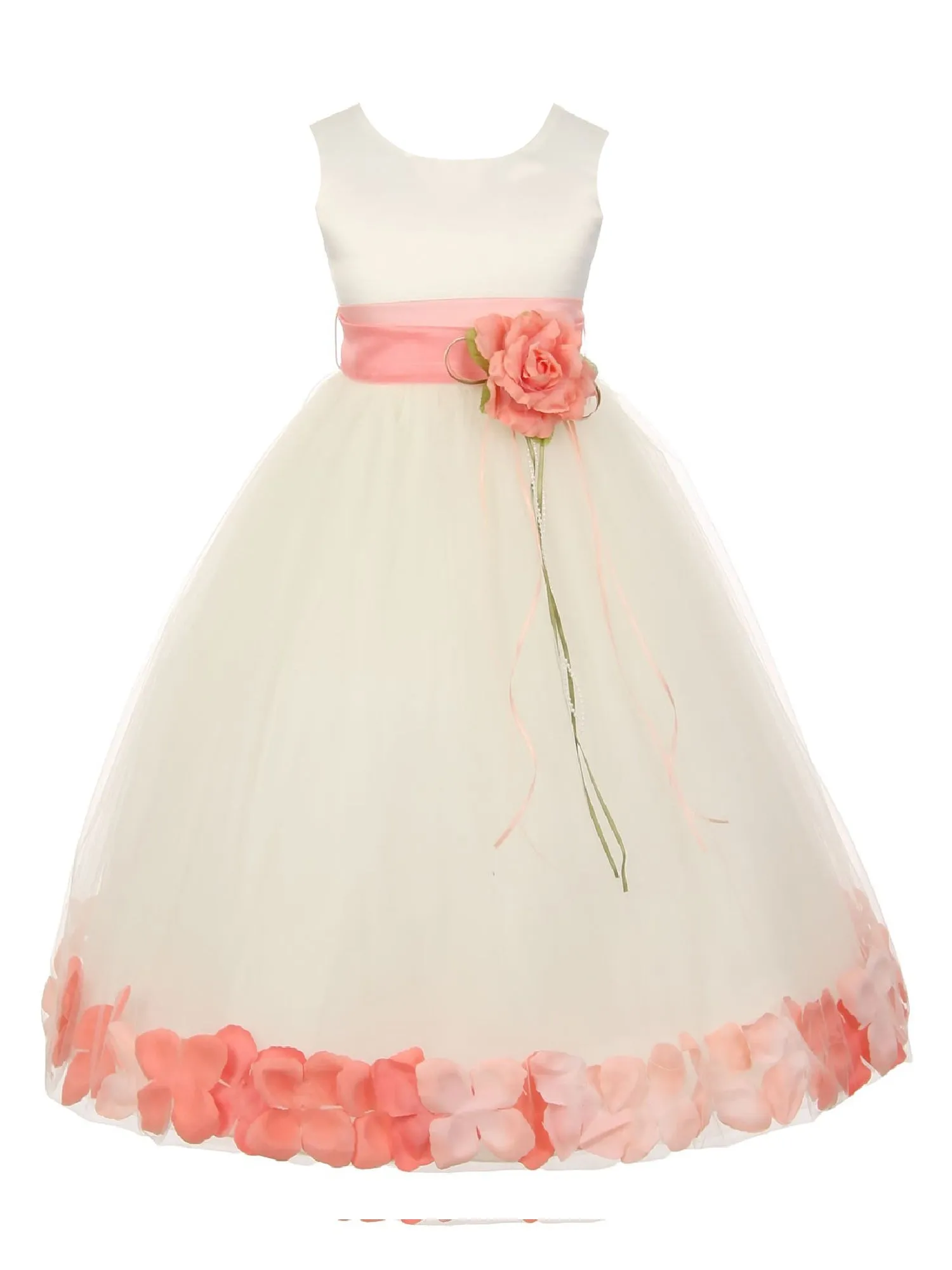 Girls Ivory With Sash Petal Flower Girl Dress, Sizes 2-14
