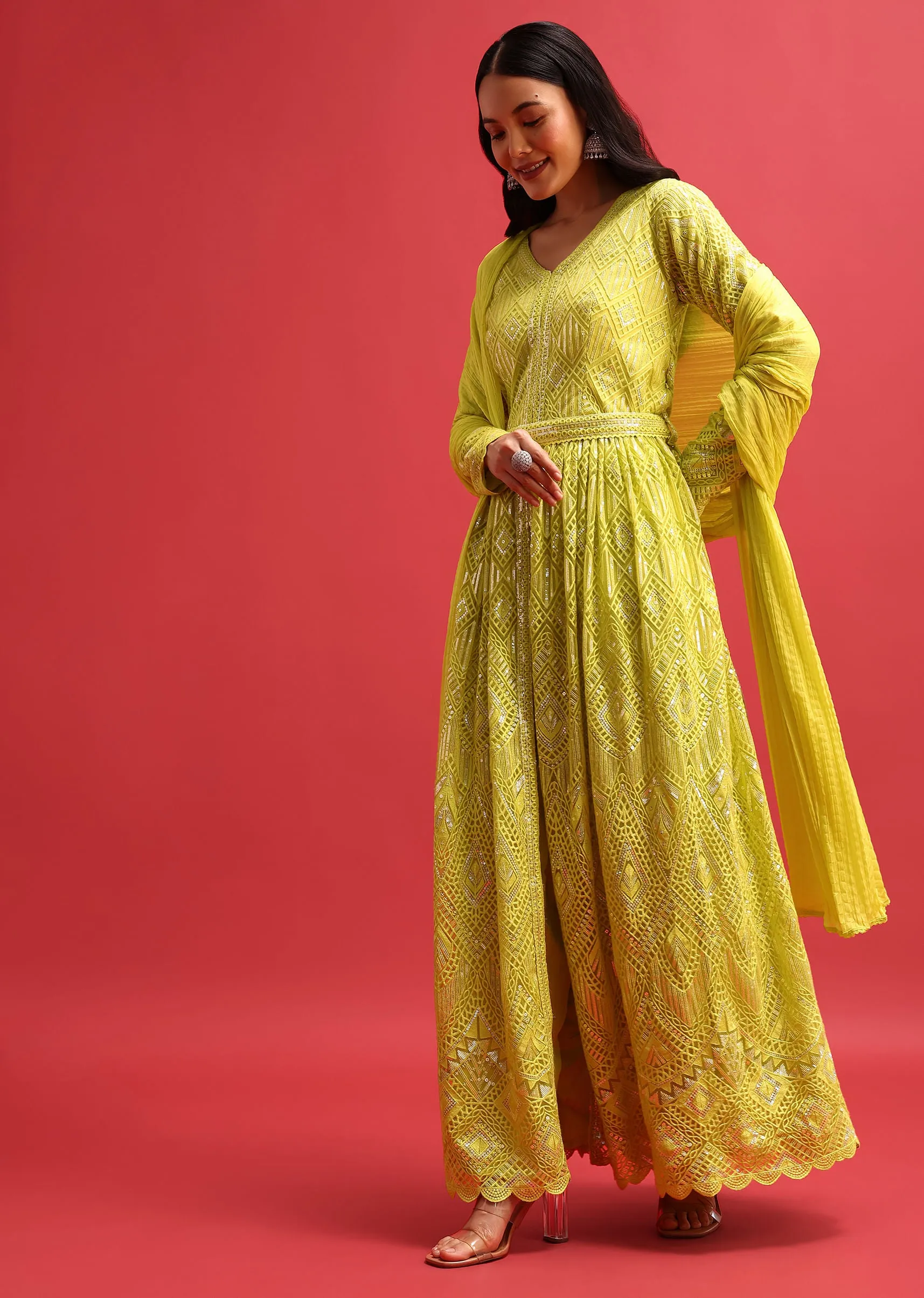 Green Anarkali Suit With Dupatta In Sequin Work