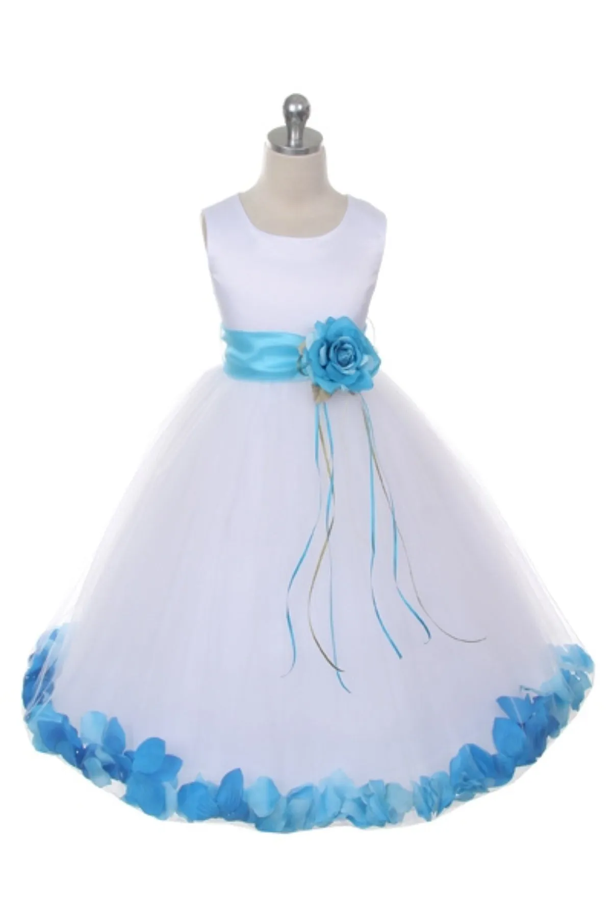 Ivory Satin Flower Petal Girls Plus Size Dress with Organza Sash