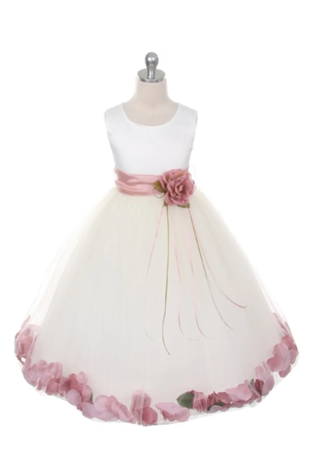 Ivory Satin Flower Petal Girls Plus Size Dress with Organza Sash