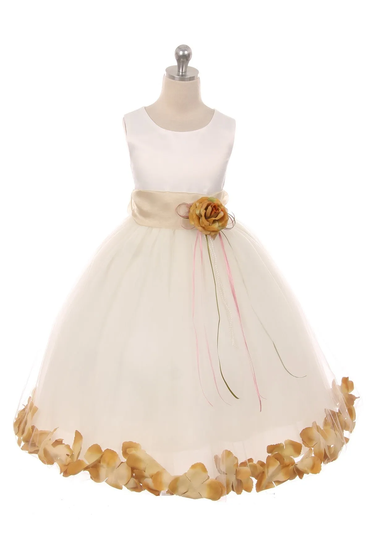 Ivory Satin Flower Petal Girls Plus Size Dress with Organza Sash