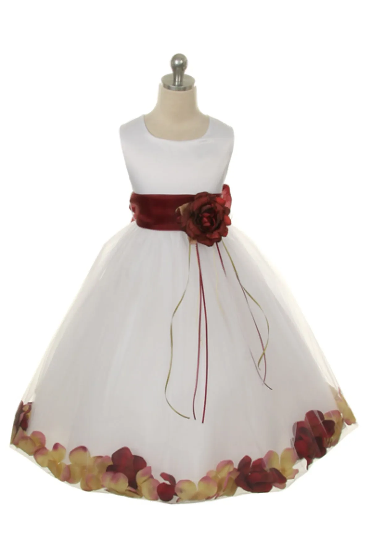 Ivory Satin Flower Petal Girls Plus Size Dress with Organza Sash