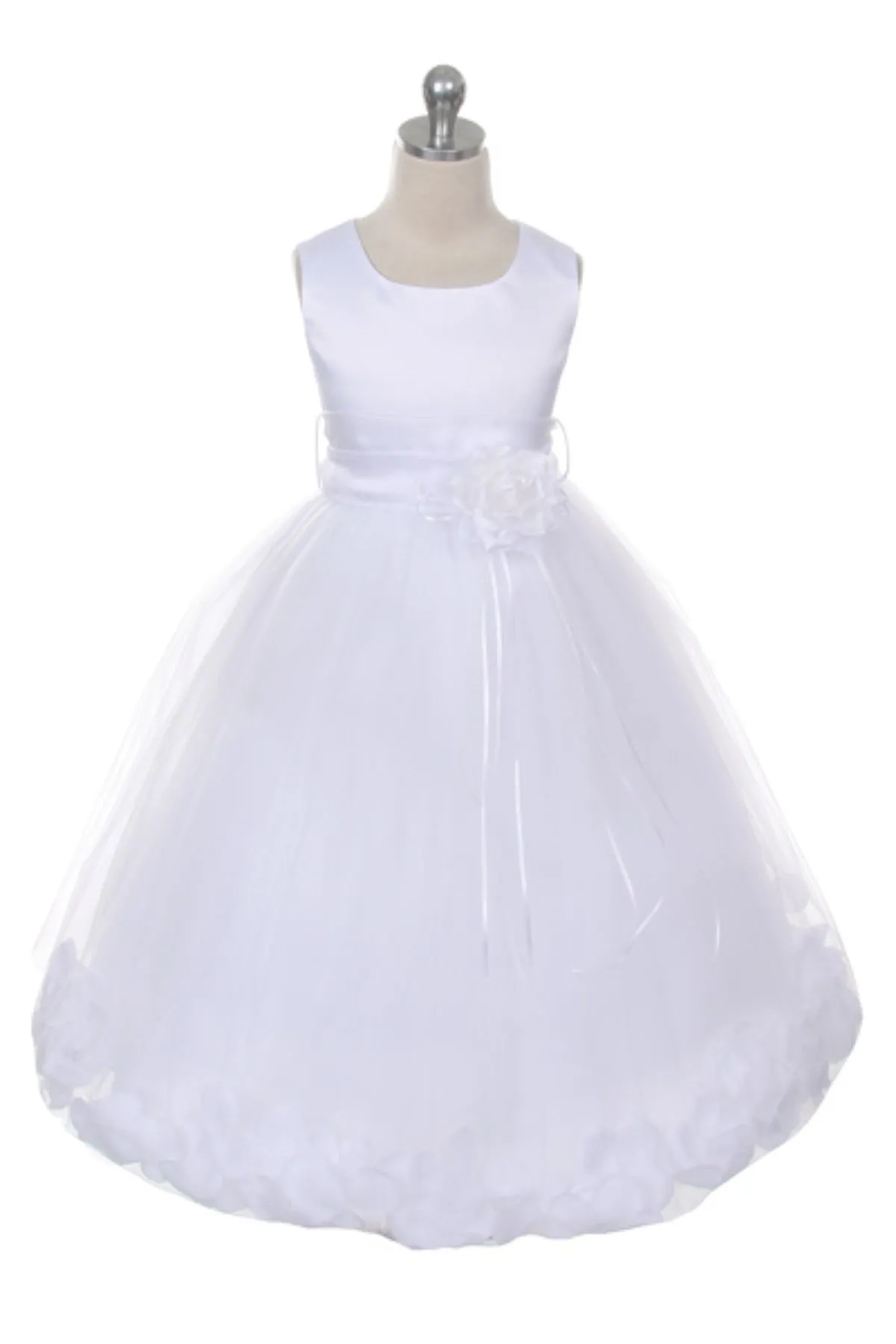 Ivory Satin Flower Petal Girls Plus Size Dress with Organza Sash