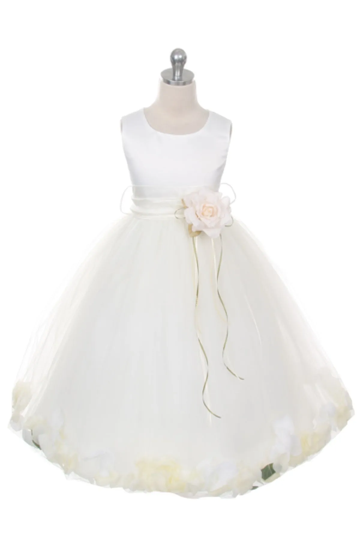Ivory Satin Flower Petal Girls Plus Size Dress with Organza Sash