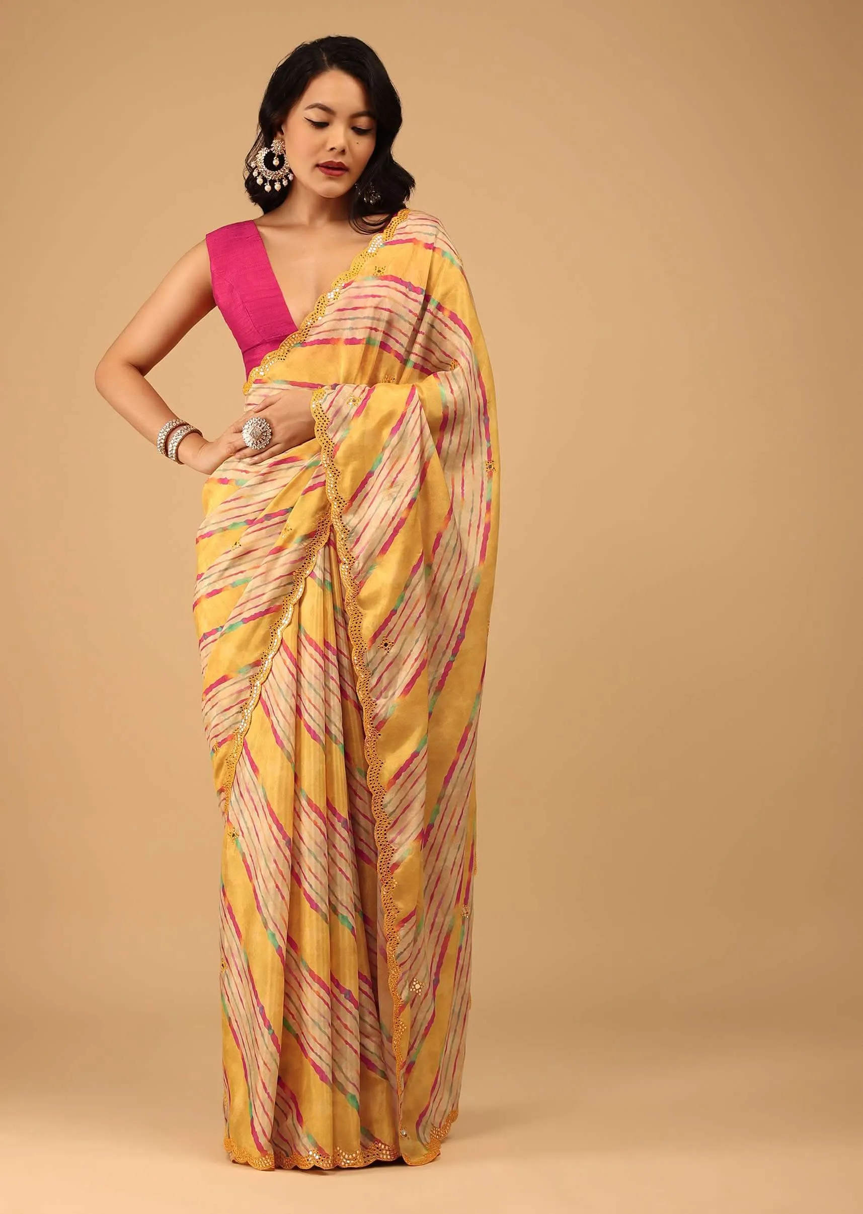 Marigold Yellow Leheriya Saree In Muslin With Mirror Embroidery