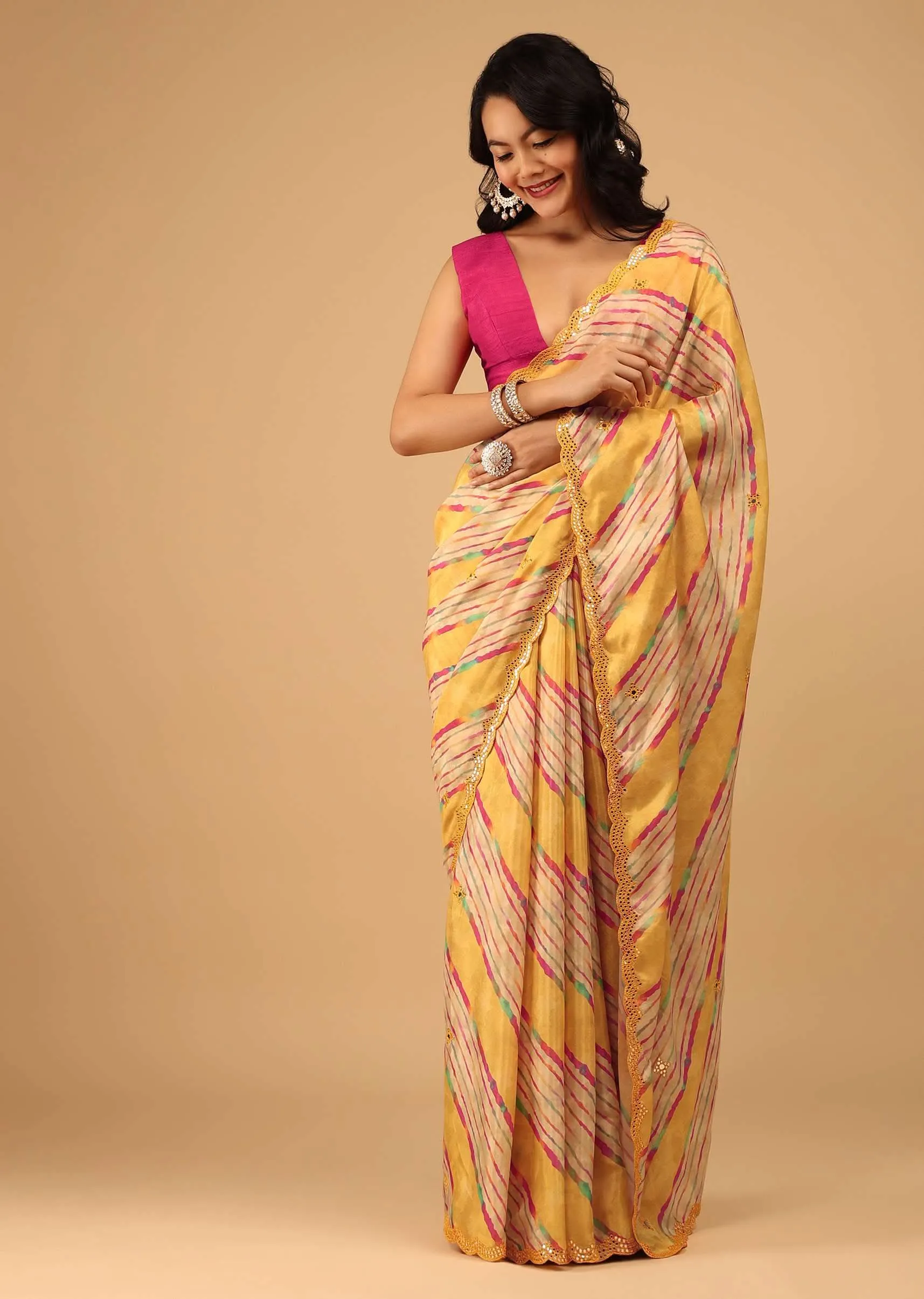 Marigold Yellow Leheriya Saree In Muslin With Mirror Embroidery