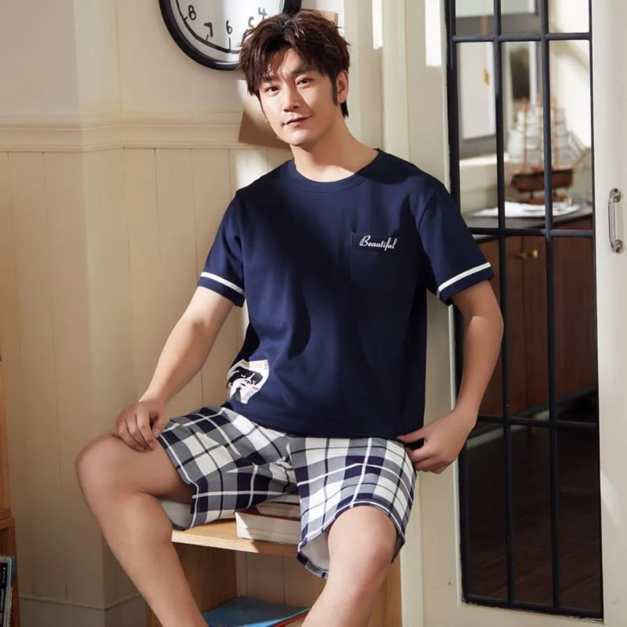 Men's Pajama Sets Summer Man Pajamas Set Simple Sleepwear Short Sleeve Cotton Pajamas For Men Short Top Pant Leisure Outwear