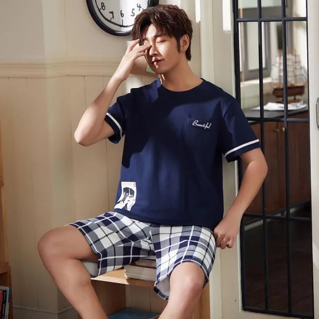 Men's Pajama Sets Summer Man Pajamas Set Simple Sleepwear Short Sleeve Cotton Pajamas For Men Short Top Pant Leisure Outwear