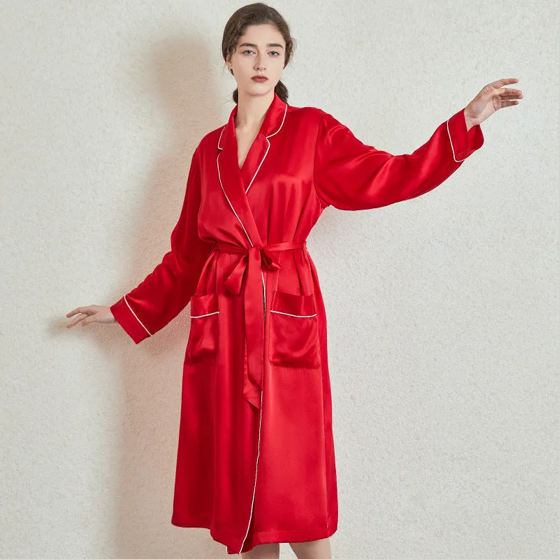 Silk Robes – Classic Long Robe with Pocket & Trim