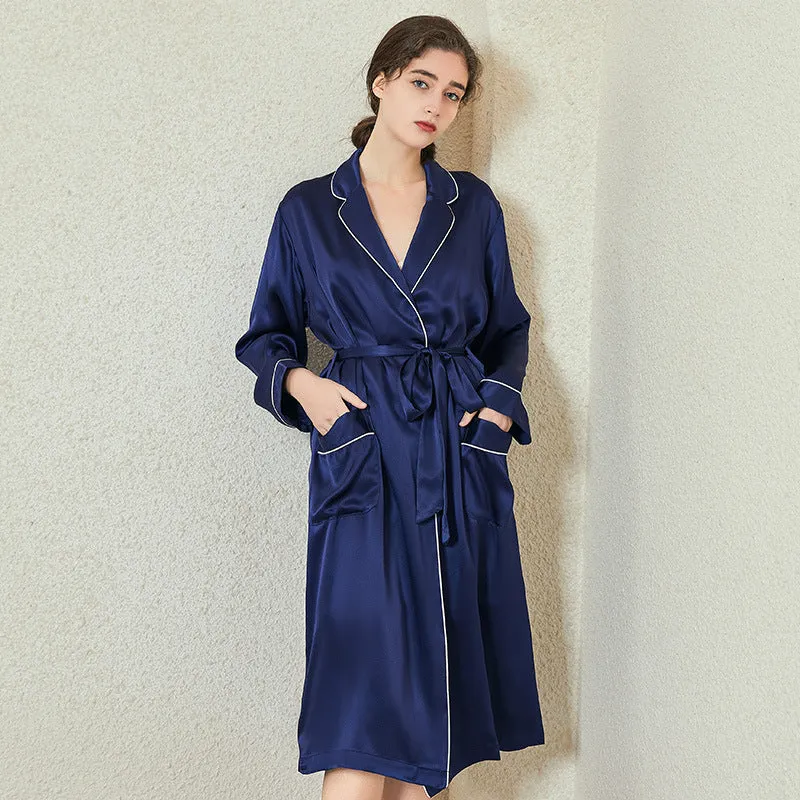 Silk Robes – Classic Long Robe with Pocket & Trim