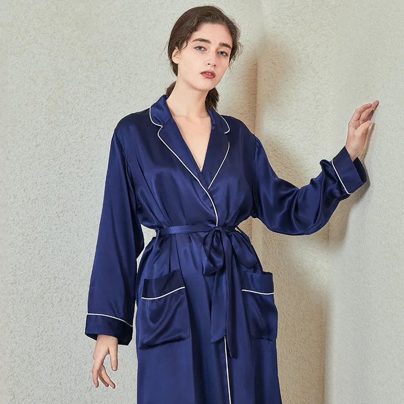 Silk Robes – Classic Long Robe with Pocket & Trim
