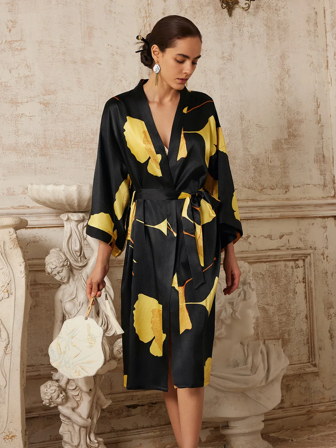 Yellow Ginkgo Leaf Print Black Kimono Robe